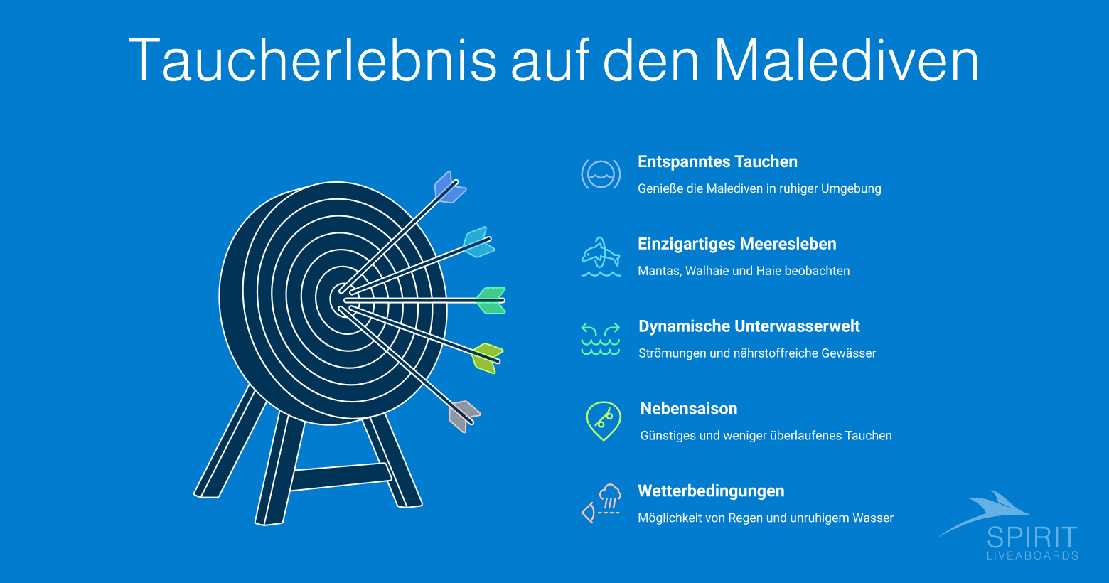 Eine Infografik mit dem Titel "Taucherlebnis auf den Malediven" und fünf Stichpunkten, die entspanntes Tauchen, einzigartiges Meeresleben, dynamische Unterwasserwelt, Nebensaison und Wetterbedingungen beschreiben. Eine Zielscheibe mit Pfeilen illustriert die verschiedenen Aspekte.