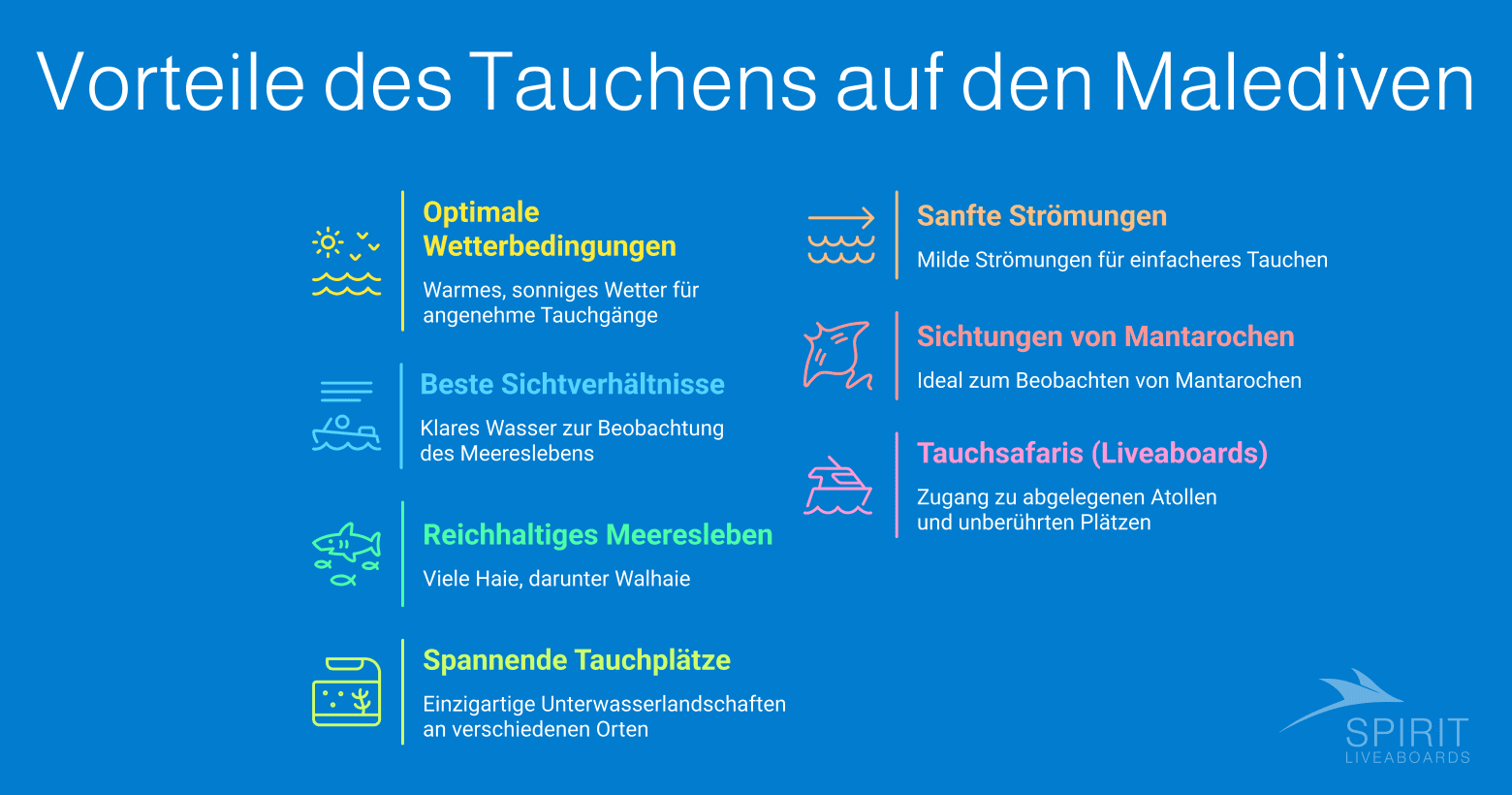 Eine Infografik mit dem Titel "Vorteile des Tauchens auf den Malediven" und sechs Stichpunkten, die optimale Wetterbedingungen, beste Sichtverhältnisse, reichhaltiges Meeresleben, spannende Tauchplätze, sanfte Strömungen und Tauchsafaris (Liveaboards) hervorheben.