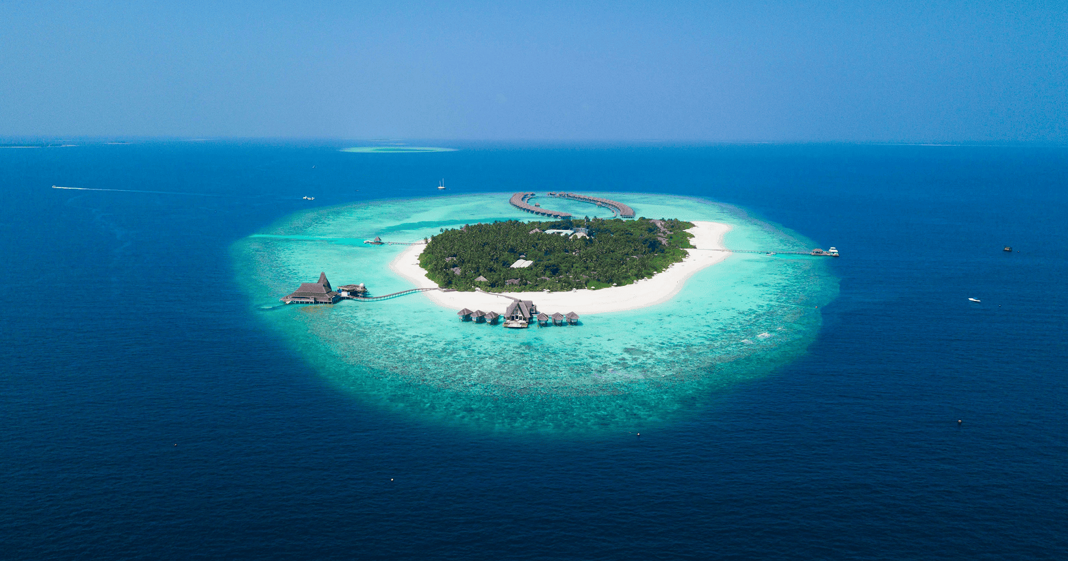 Aerial view of a tropical island resort.