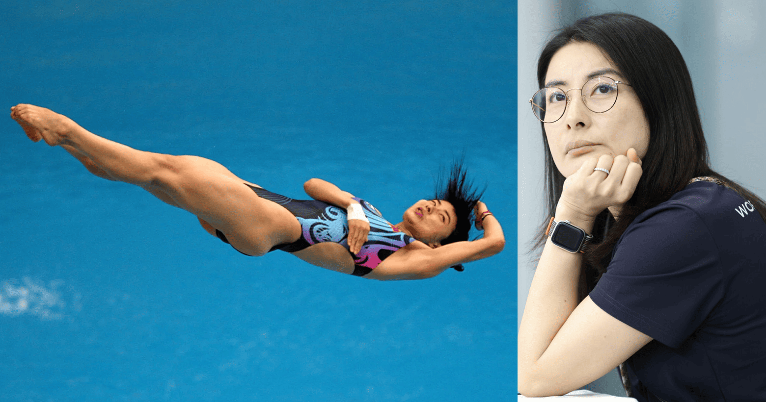 A split image showing Guo Jingjing mid-dive in a blue swimsuit and a portrait of her wearing glasses and a dark shirt.
