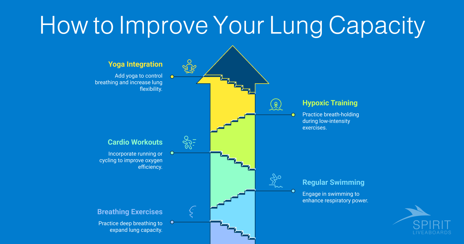 Infographic outlining methods to improve lung capacity, including yoga integration, hypoxic training, cardio workouts, regular swimming, and breathing exercises.