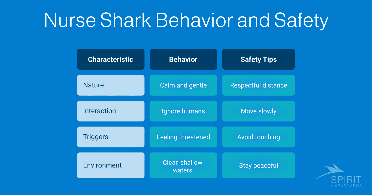 A table outlining nurse shark behavior and safety, including their calm nature, interaction with humans, triggers, and environment. Safety tips include maintaining distance, moving slowly, avoiding touch, and staying peaceful in clear, shallow waters.