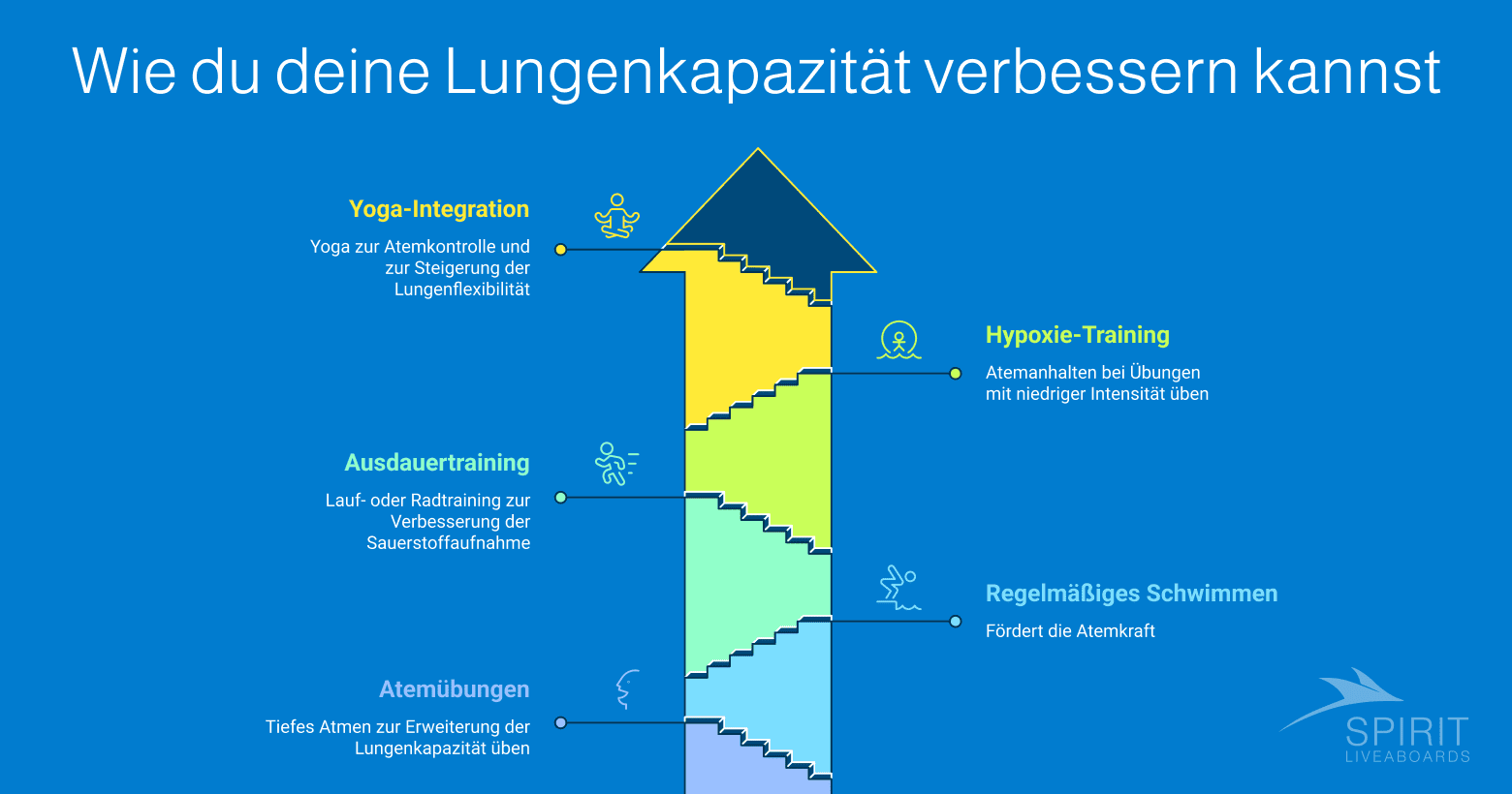Eine Infografik mit dem Titel "Wie du deine Lungenkapazität verbessern kannst" in Form einer aufsteigenden Treppe mit Tipps zu Atemübungen, Ausdauertraining, Yoga-Integration, regelmäßigem Schwimmen und Hypoxie-Training.