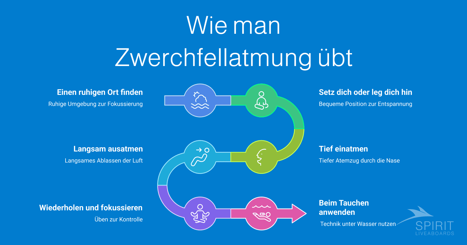Eine Infografik mit dem Titel "Wie man Zwerchfellatmung übt" als Flussdiagramm mit Schritten wie einen ruhigen Ort finden, sich hinsetzen oder legen, tief einatmen, langsam ausatmen, wiederholen und fokussieren sowie beim Tauchen anwenden.