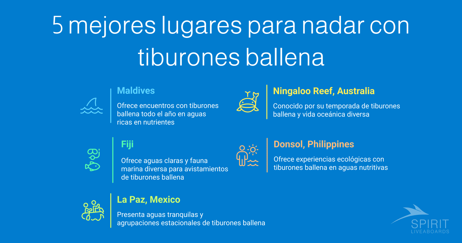 Una infografía con el título "5 mejores lugares para nadar con tiburones ballena" y descripciones para Maldivas, Ningaloo Reef (Australia), Fiyi, Donsol (Filipinas) y La Paz (México).