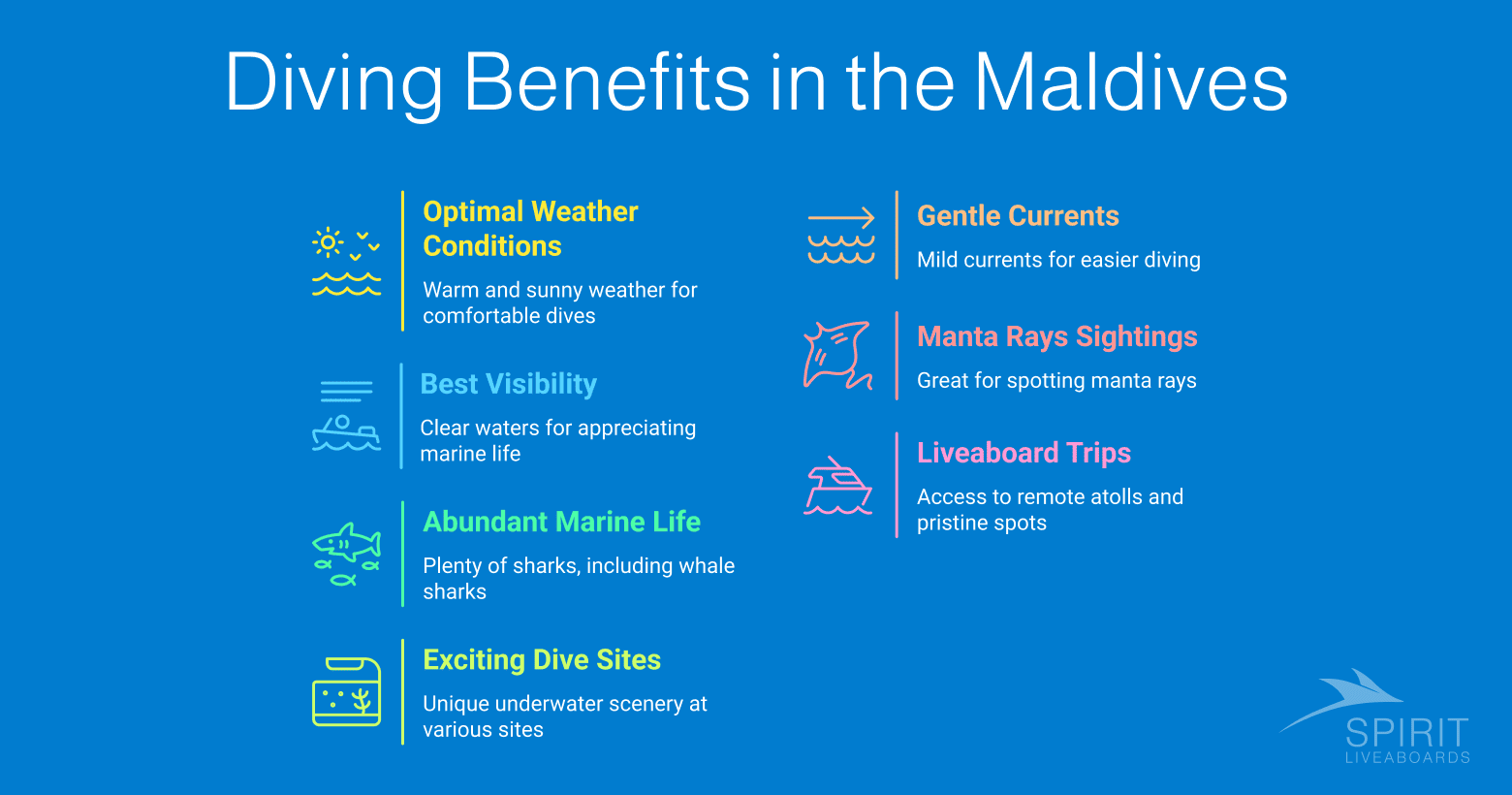 Infographic outlining the benefits of diving in the Maldives, including optimal weather conditions, best visibility, abundant marine life (including whale sharks), exciting dive sites, gentle currents, manta ray sightings, and liveaboard trips.